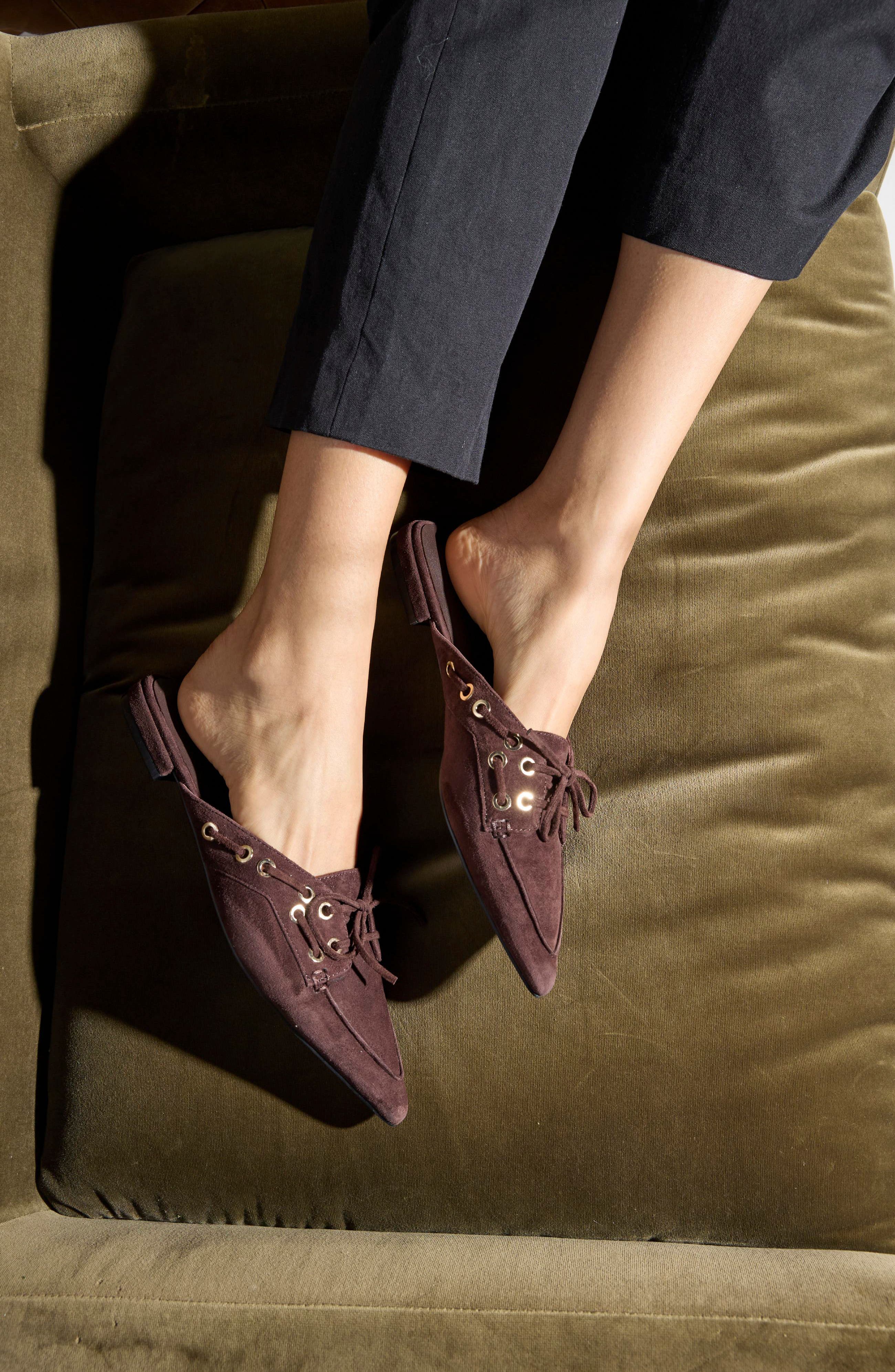 Astor Pointed Toe Suede Flat Mule, Alternate, color, CHOCOLATE