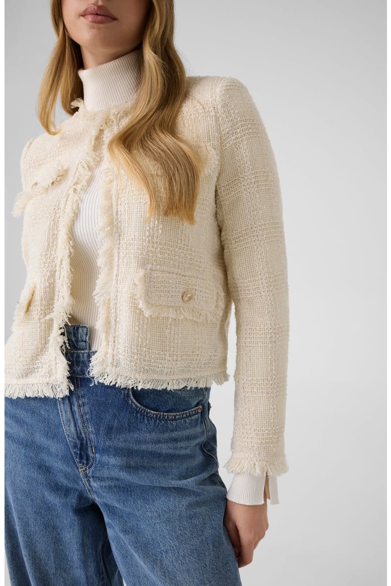 Jenny Fringed Tweed Jacket, Alternate, color, DOVE WHITE