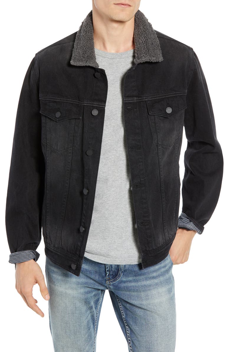 BLANKNYC Fleece Collar Denim Trucker Jacket, Main, color, 