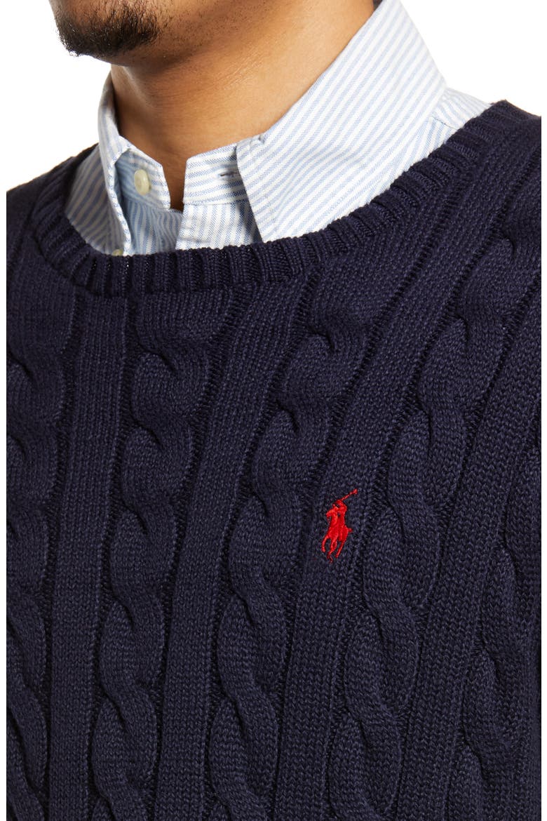 Cable Knit Cotton Crewneck Sweater, Alternate, color, BLUE