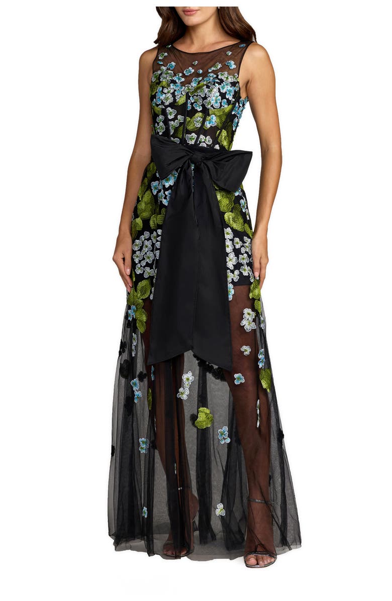 Mac Duggal Sleeveless Mesh Applique Gown With Bow Belt, Main, color, Blue Multi