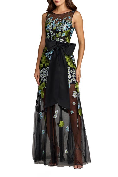 Sleeveless Mesh Applique Gown With Bow Belt