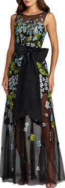 Mac Duggal Sleeveless Mesh Applique Gown With Bow Belt