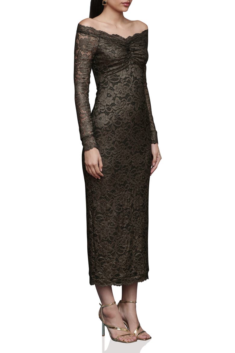 Lace Off the Shoulder Long Sleeve Midi Dress, Alternate, color, BLACK AND GOLD