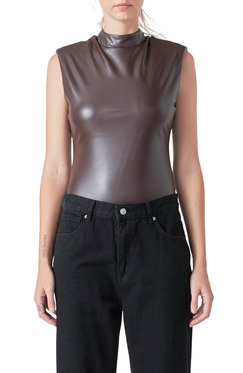 Grey Lab Mock Neck Faux Leather Bodysuit, Main, color, Brown