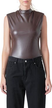 Grey Lab Mock Neck Faux Leather Bodysuit