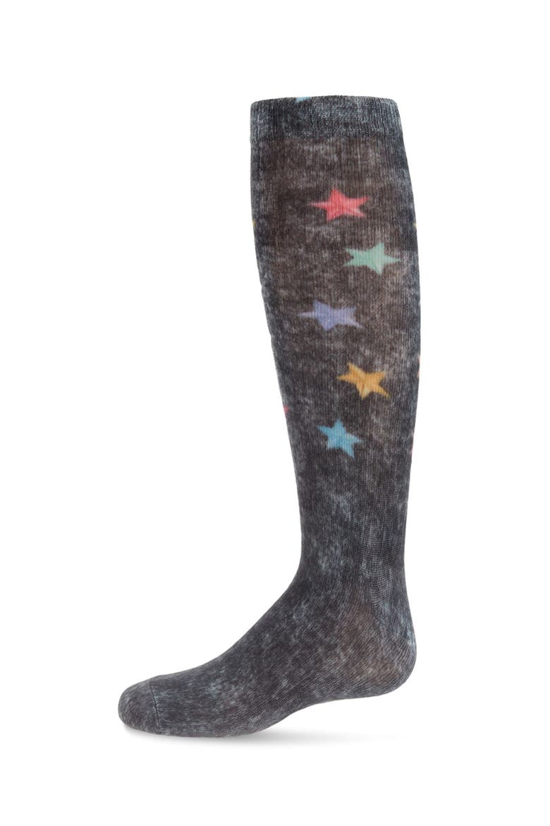 Distressed Wash Denim Stars Knee High Sock, Main, color, Black