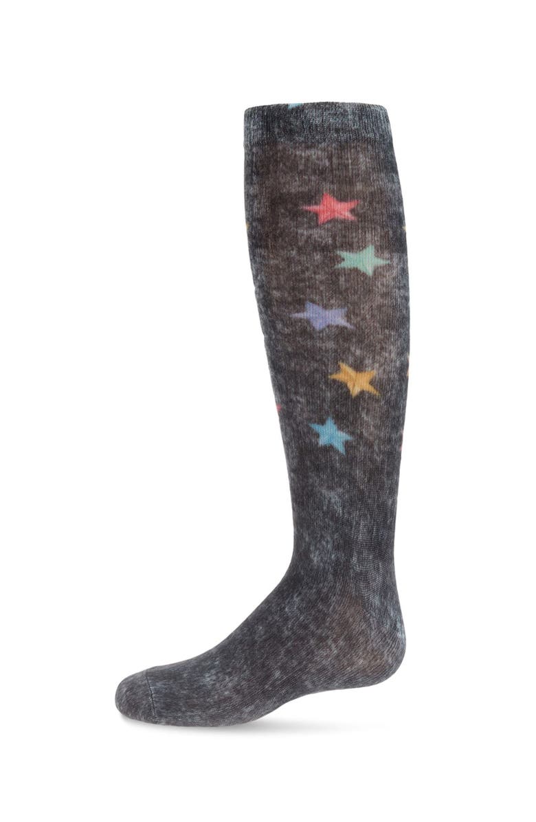 MeMoi Distressed Wash Denim Stars Knee High Sock, Main, color, Black