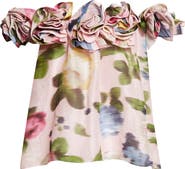 Carolina Herrera Chiné Rose Print Linen & Silk Off the Shoulder Top