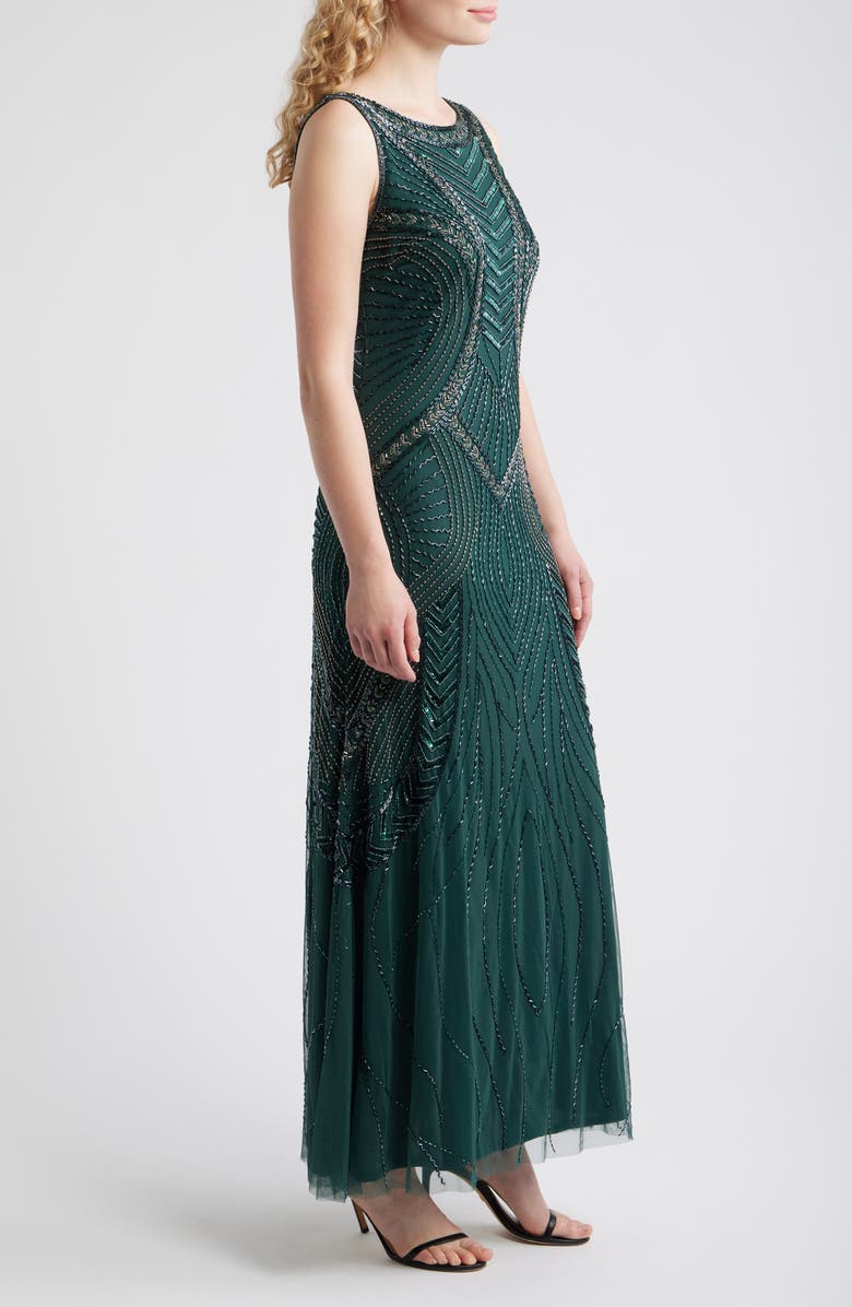 Pisarro Nights Beaded Chevron Sleeveless A-Line Gown, Alternate, color, Hunter