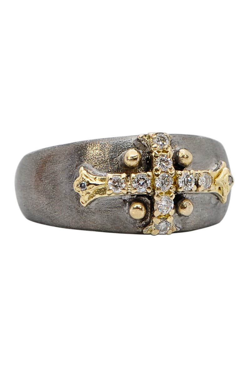 Old World Diamond Cross Ring, Alternate, color, SILVER/ YELLOW GOLD