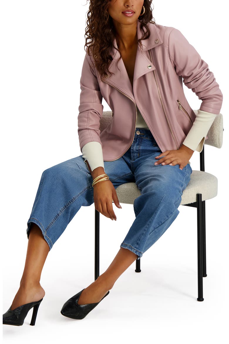 Peplum Back Faux Lether Moto Jacket, Alternate, color, ROSE