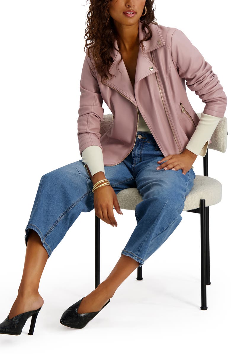 Kensie Peplum Back Faux Lether Moto Jacket, Alternate, color, Rose