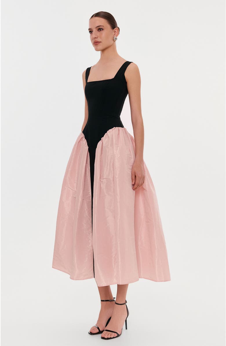Milla Corset Formal Occasion Midi Dress with Glossy Skirt in Black & Pink, Alternate, color, Black&Pink