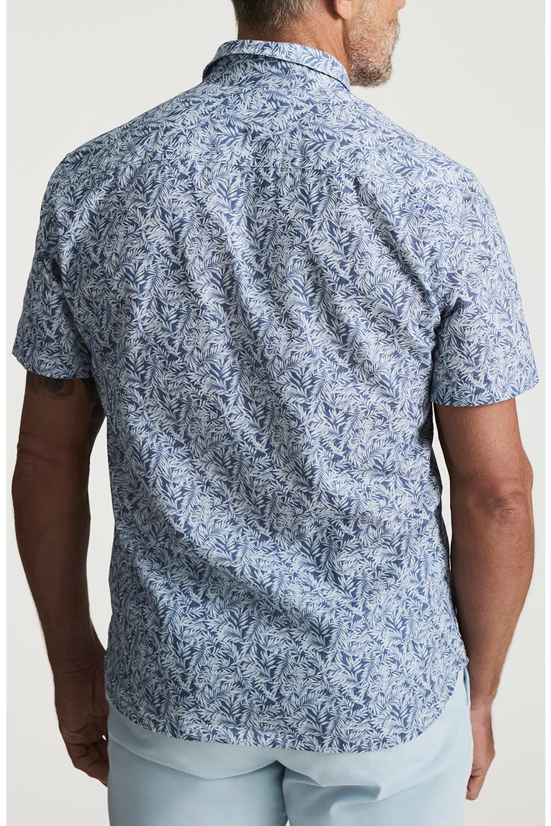 Palm Print Short Sleeve Cotton & Linen Button-Up Shirt, Alternate, color, INDIGO