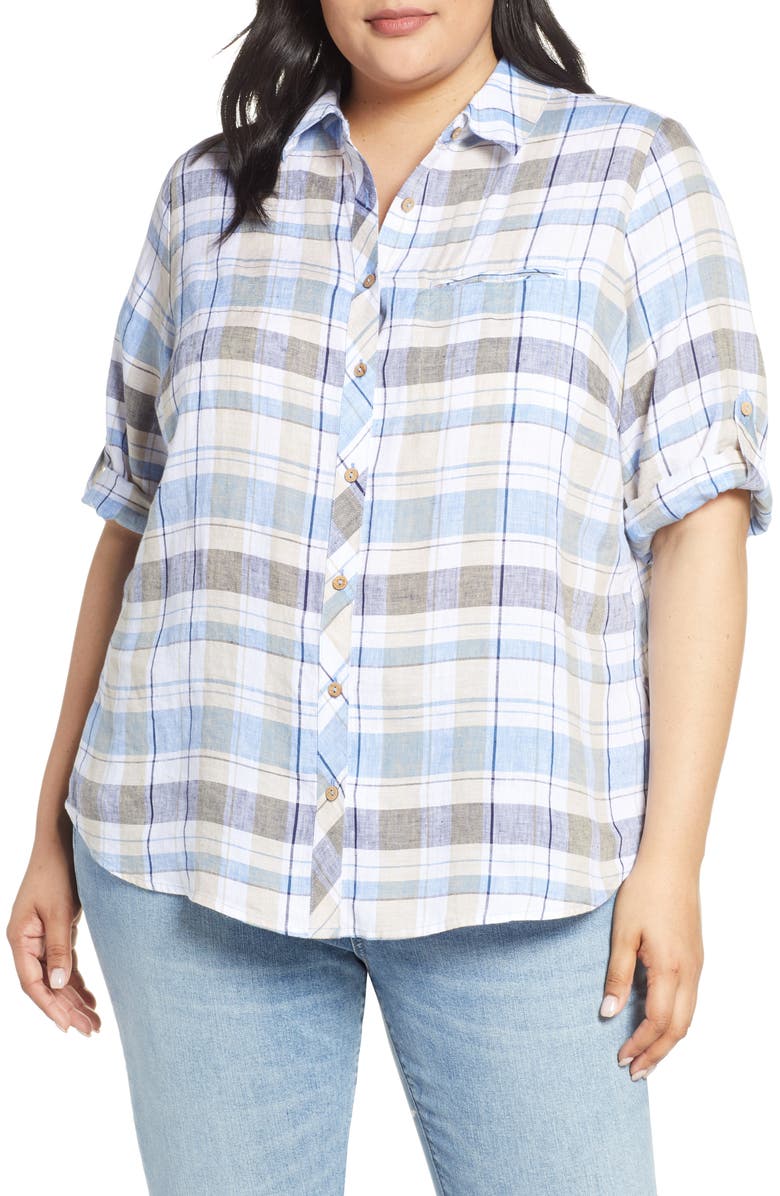 Foxcroft Reese Plaid Linen Shirt, Main, color, 