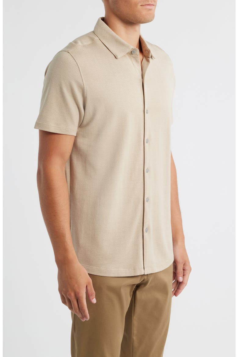 Nino Herringbone Short Sleeve Cotton Knit Button-Up Shirt, Alternate, color, BEIGE