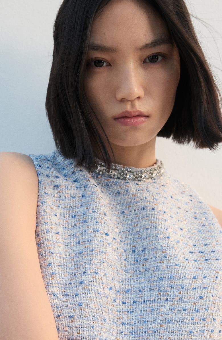 MANGO Rhinestone Sleeveless Tweed Dress, Alternate, color, Sky Blue