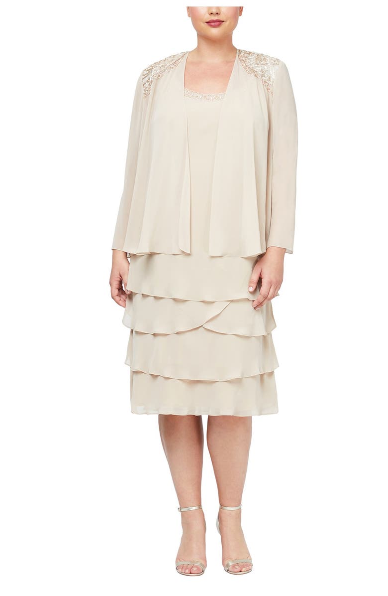 SLNY Embellished Tiered Dress with Jacket, Main, color, 