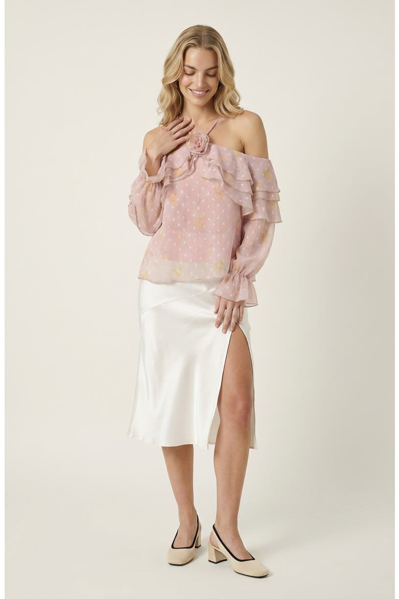 Sheer Cold-Shoulder Floral Applique Ruffle Trim Blouse, Alternate, color, Blush Pink