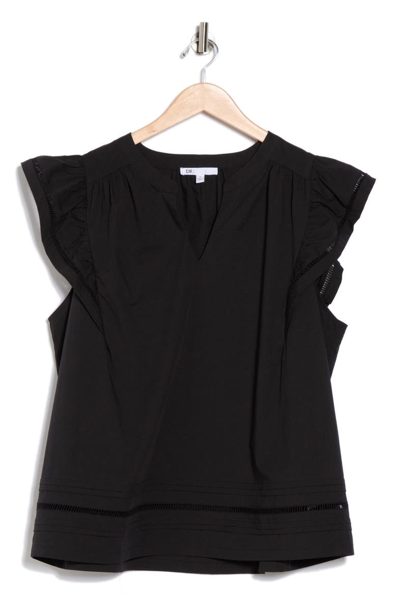 Embroidered Ruffle Cotton Blend Poplin Top, Alternate, color, BLACK