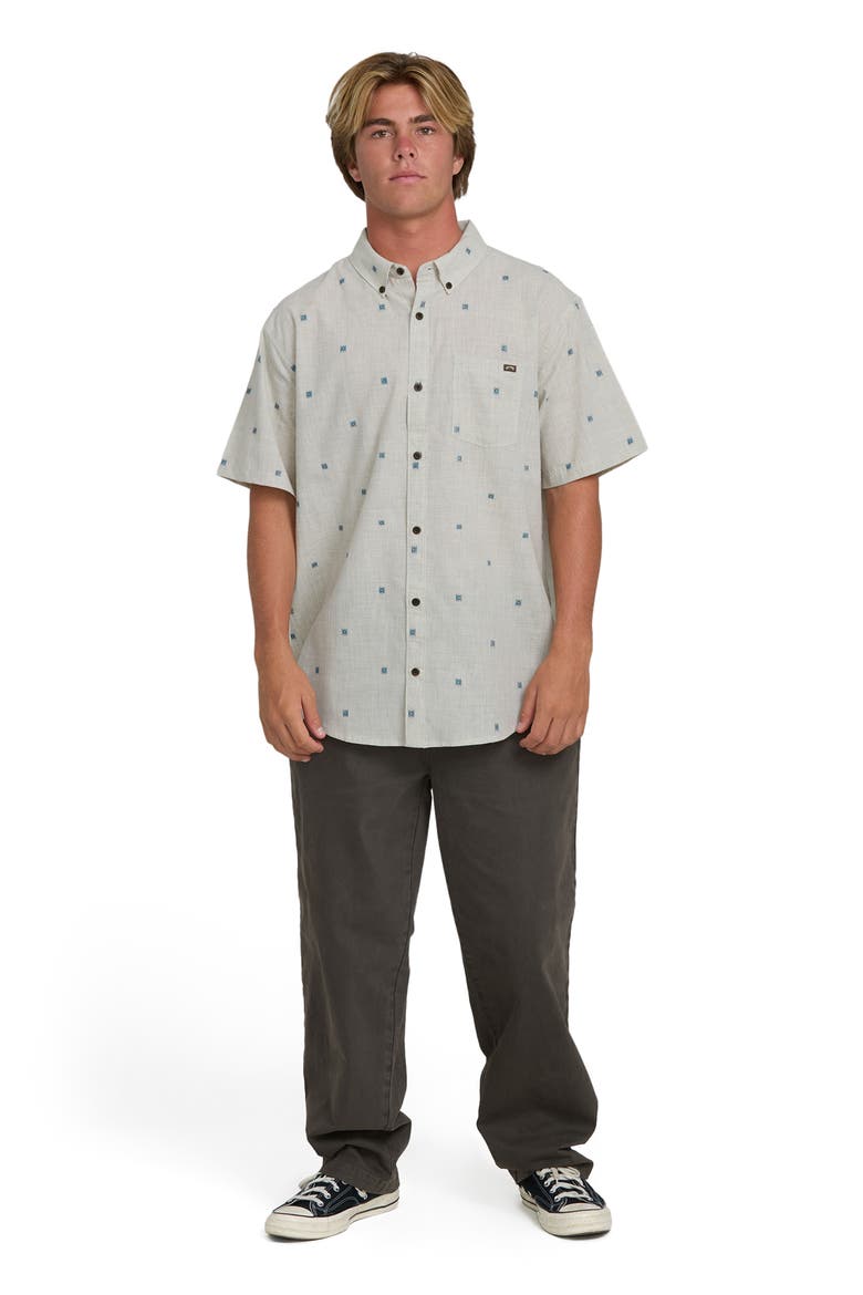 All Day Geo Jacquard Short Sleeve Cotton Blend Button-Down Shirt, Alternate, color, OATMEAL