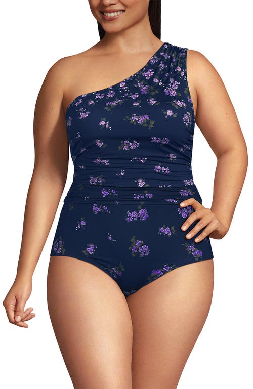 Lands' End Ruched One Shoulder Midkini Swimsuit Top In Navy Bouquet Cascade Floral