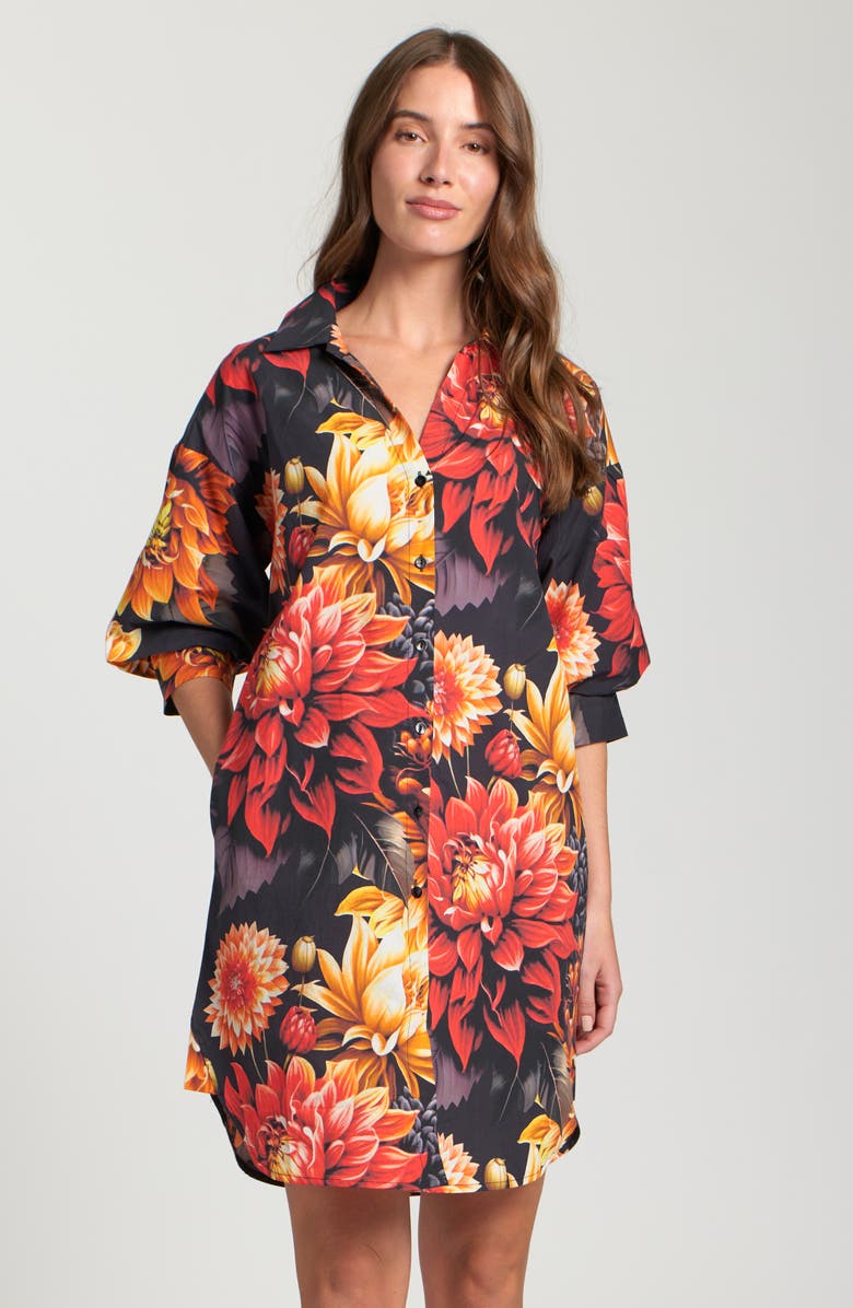 APNY Floral Print Puff Sleeve Shirtdress, Alternate, color, Red Multi