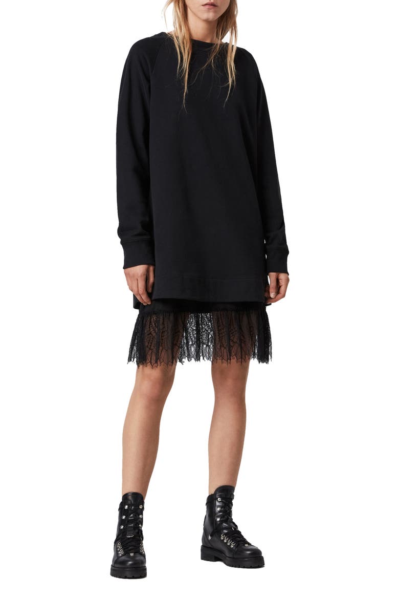 Lee Long Sleeve Lace Hem Sweatshirt Dress, Main, color, BLACK