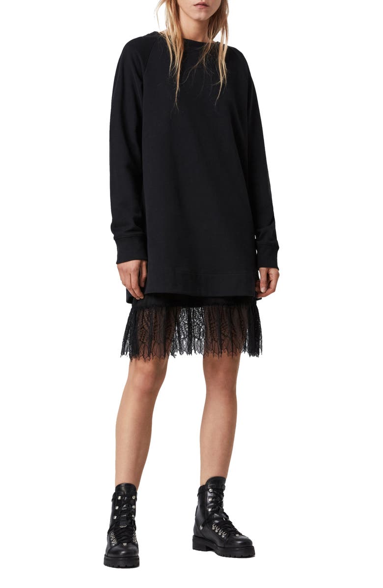 AllSaints Lee Long Sleeve Lace Hem Sweatshirt Dress, Main, color,