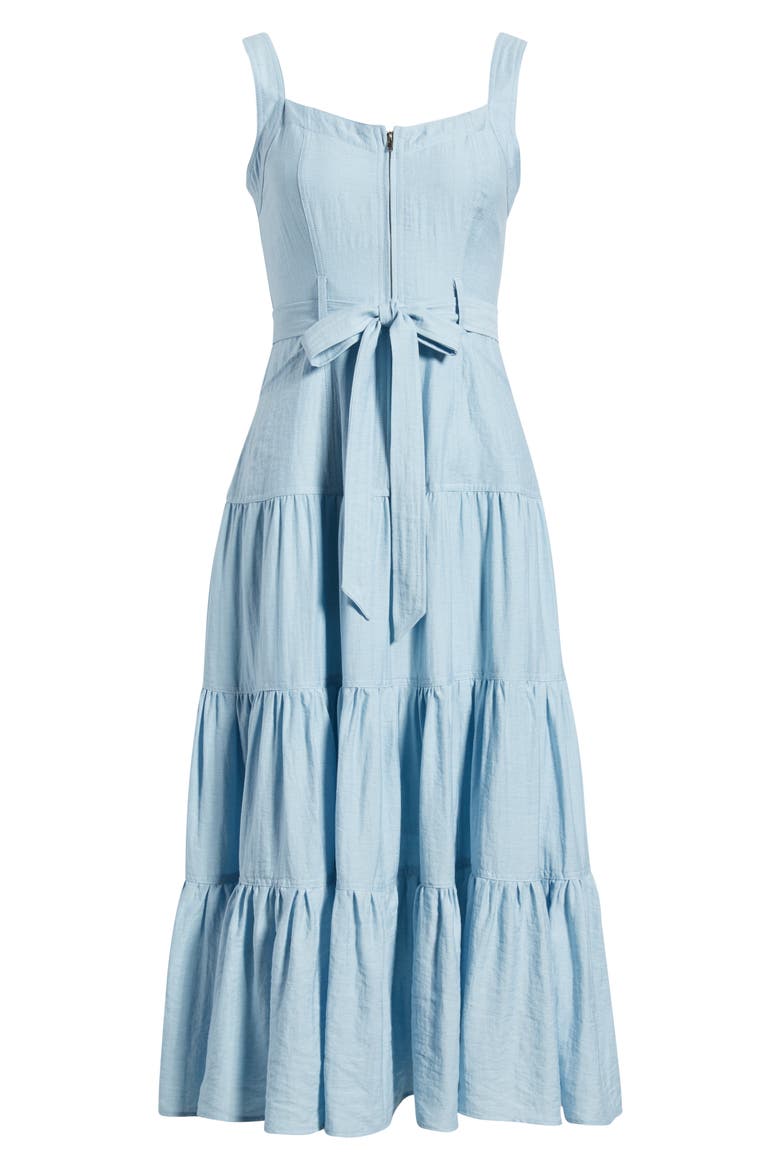 Zip Front Tie Belt Tiered Sundress, Alternate, color, LIGHT BLUE