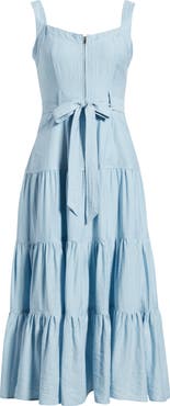 ZOE AND CLAIRE Zip Front Tie Belt Tiered Sundress