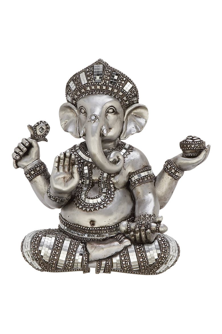 Silvertone Polystone Meditating Ganesh Sculpture with Engraved Carvings and Relief Detailing, Main, color, SILVER