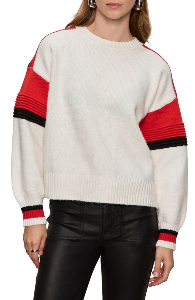 Sanctuary Sporty Stripe Crewneck Sweater, Main, color, Cherry Lacquer Red