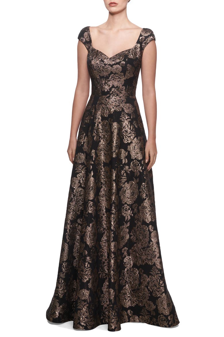 Metallic Jacquard Gown, Main, color, BLACK/ GOLD