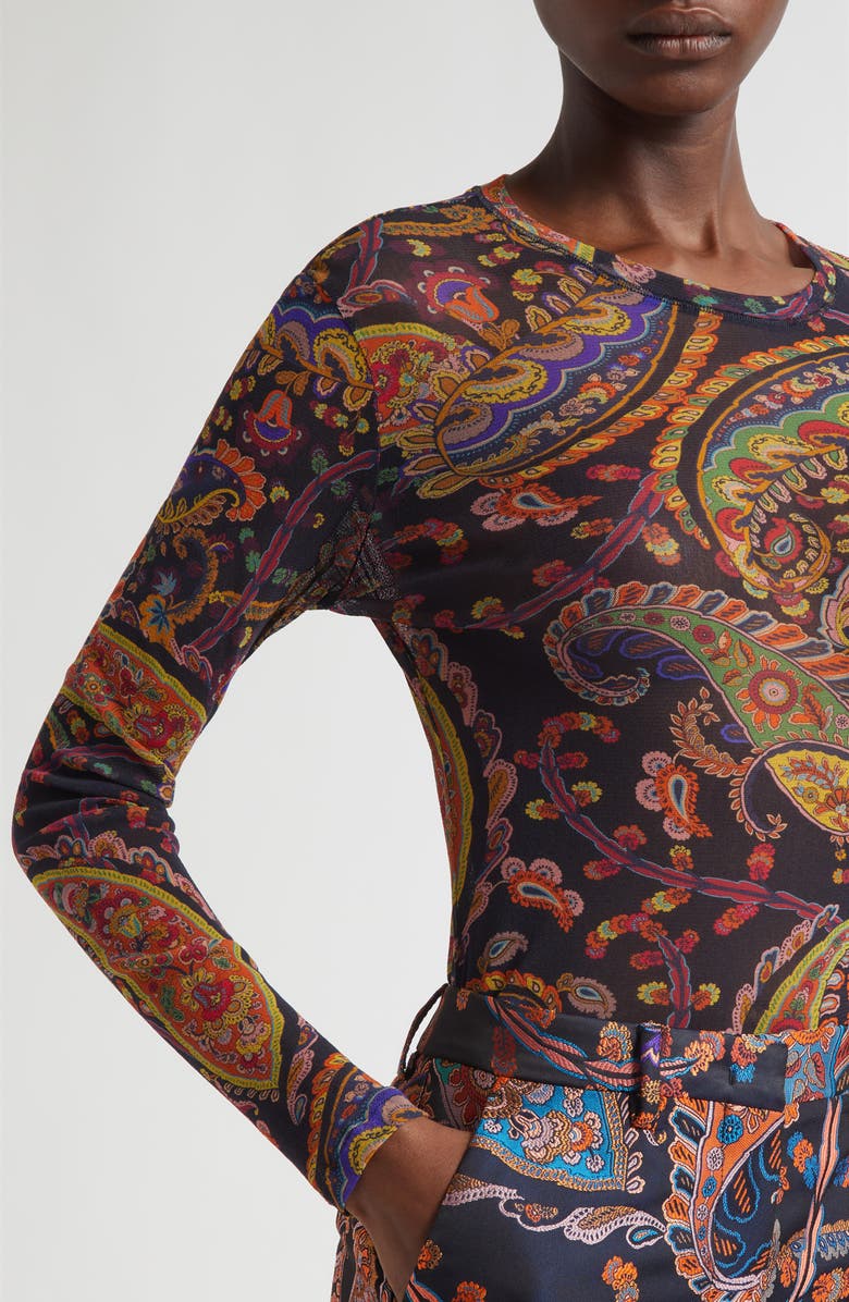 Etro Paisley Fitted Mesh Top, Alternate, color, Print On Blue Base