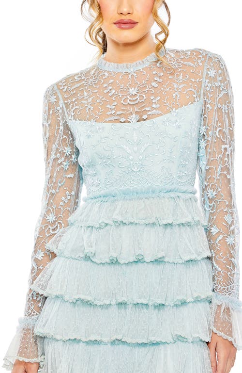 Mac Duggal Embroidered Long Sleeve Ruffled Tiered Dress In Seafoam