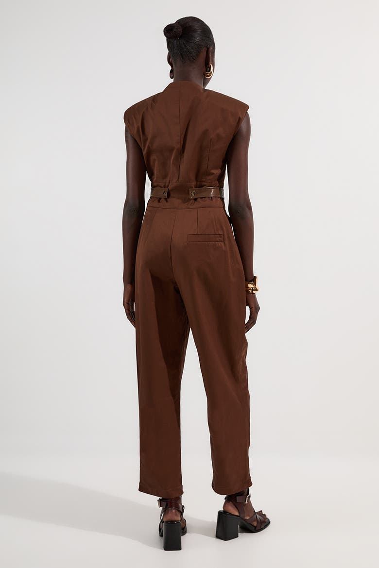 Cotton & Faux Leather Utility Jumpsuit, Alternate, color, Chocolate