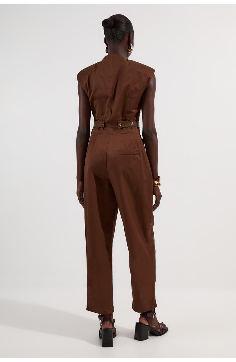 Karen Millen Cotton & Faux Leather Utility Jumpsuit, Alternate, color, Chocolate