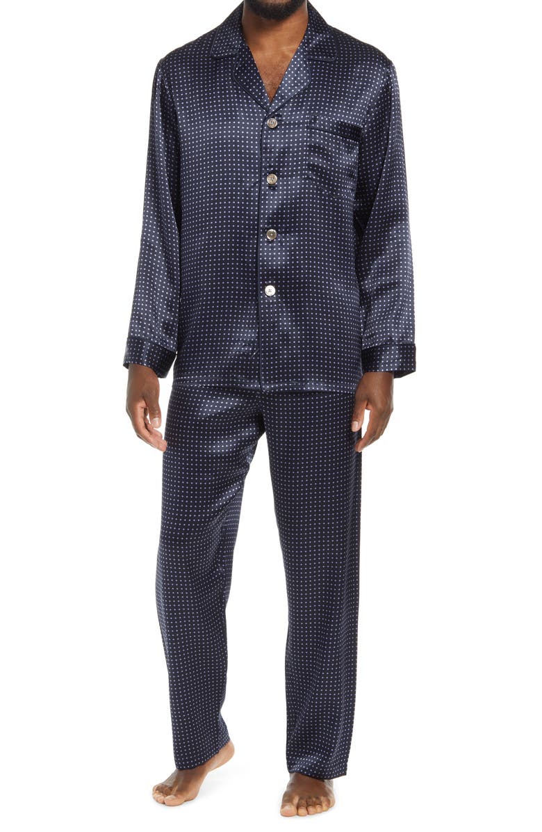 Majestic International Dot Silk Pajamas, Main, color, Navy Dot