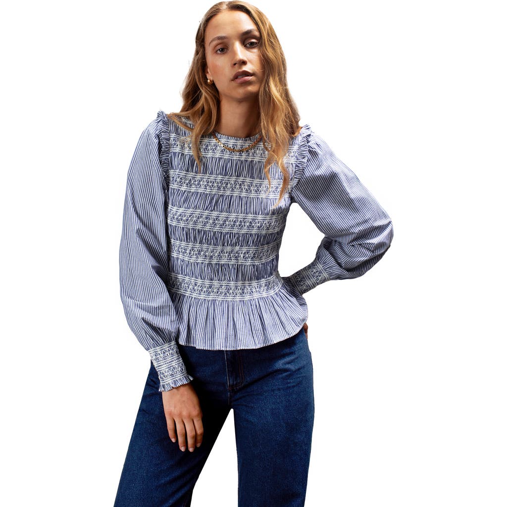 Ro&zo Womens Blue Shirred Long-sleeve Embroidered Cotton Blouse In Blue