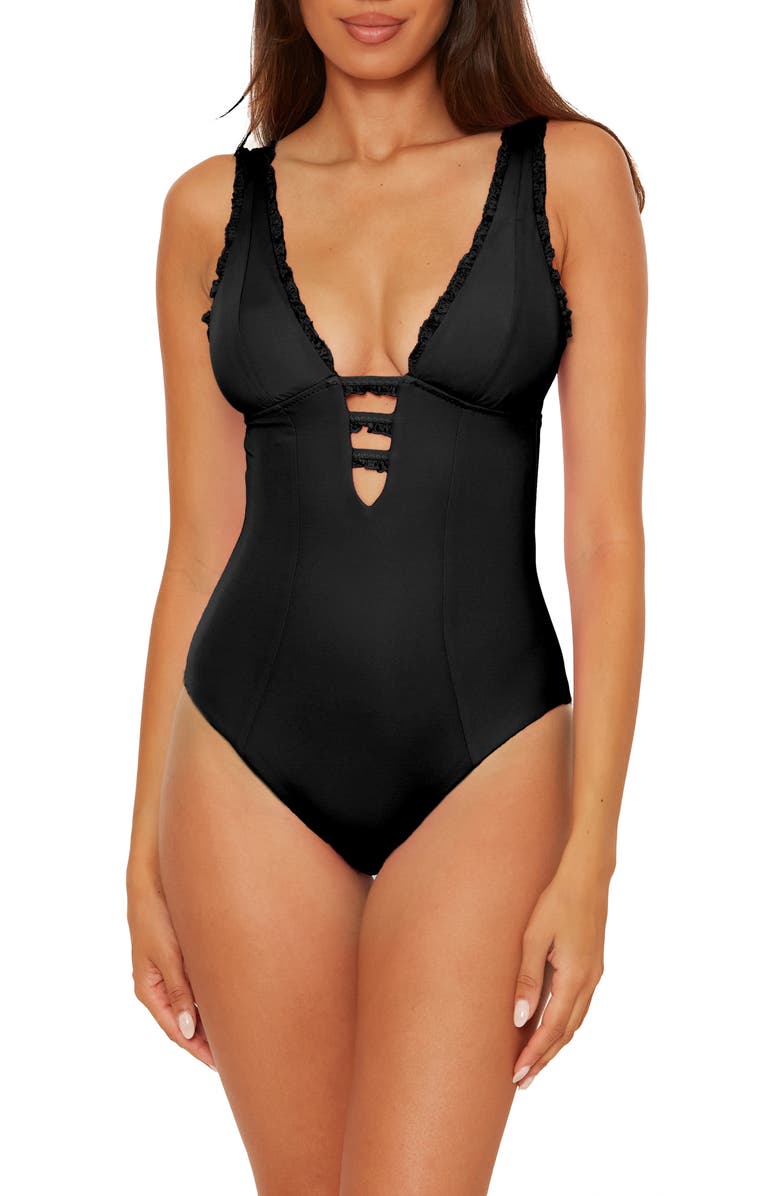 Becca Frills Plunge One-Piece Swimsuit, Main, color, Black