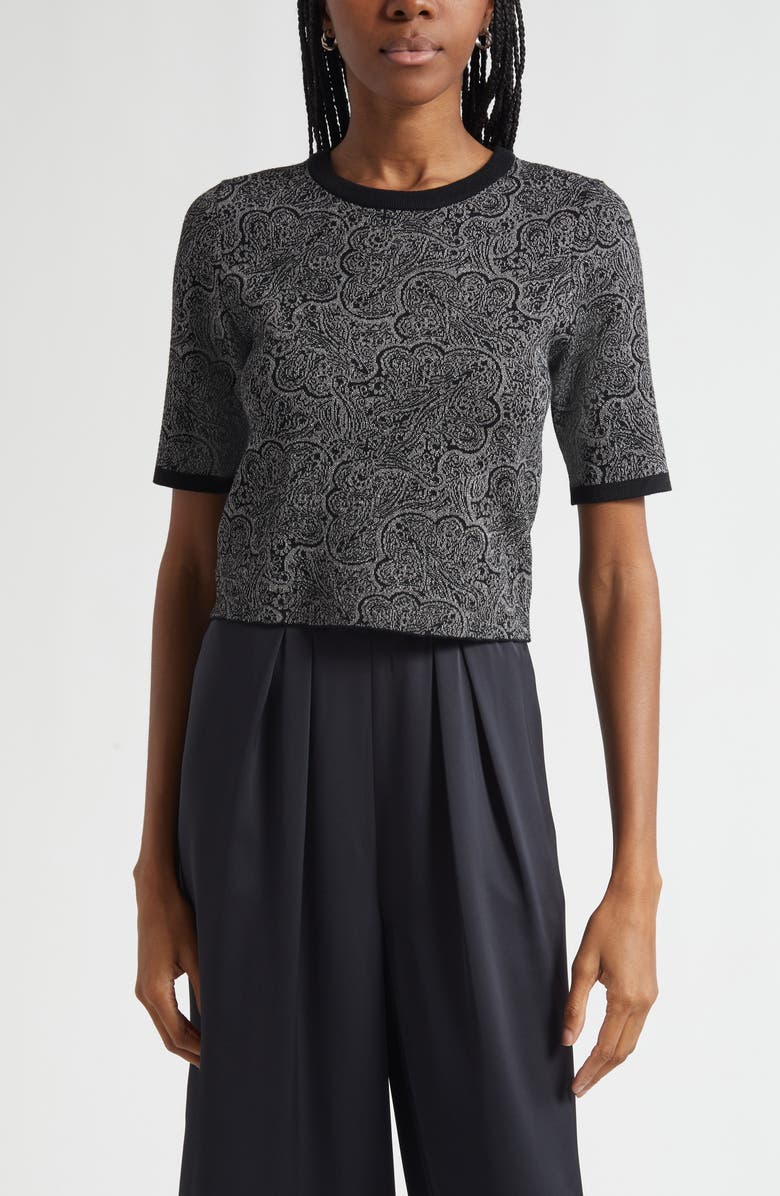 Ramy Brook Rosaline Jacquard Short Sleeve Knit Top, Main, color, Platinum Jacquard