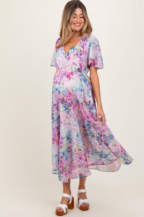 Watercolor Floral Flutter Sleeve Midi Dress