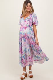 PinkBlush Watercolor Floral Flutter Sleeve Midi Dress