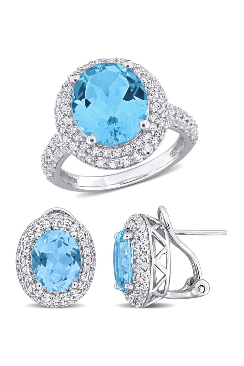 Sky Blue Topaz & White Topaz Ring & Stud Earrings Set, Main, color, BLUE