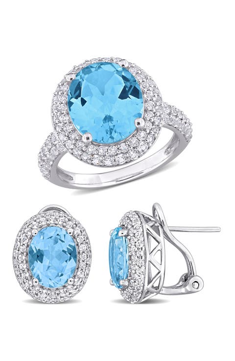 Sky Blue Topaz & White Topaz Ring & Stud Earrings Set