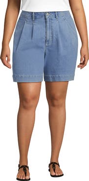Lands' End Plus Size Soft Denim High Rise 7" Pleated Trouser Shorts