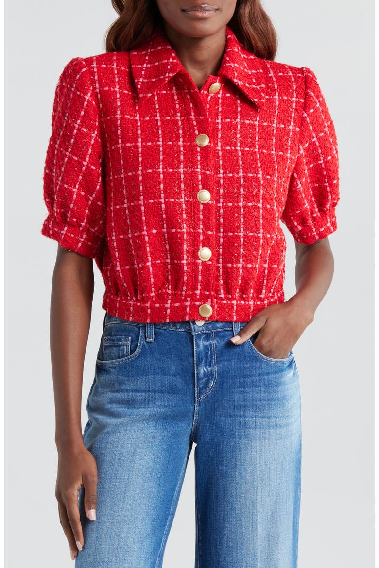 Cove Plaid Short Sleeve Crop Tweed Jacket, Alternate, color, RED/ HOT PINK PLAID
