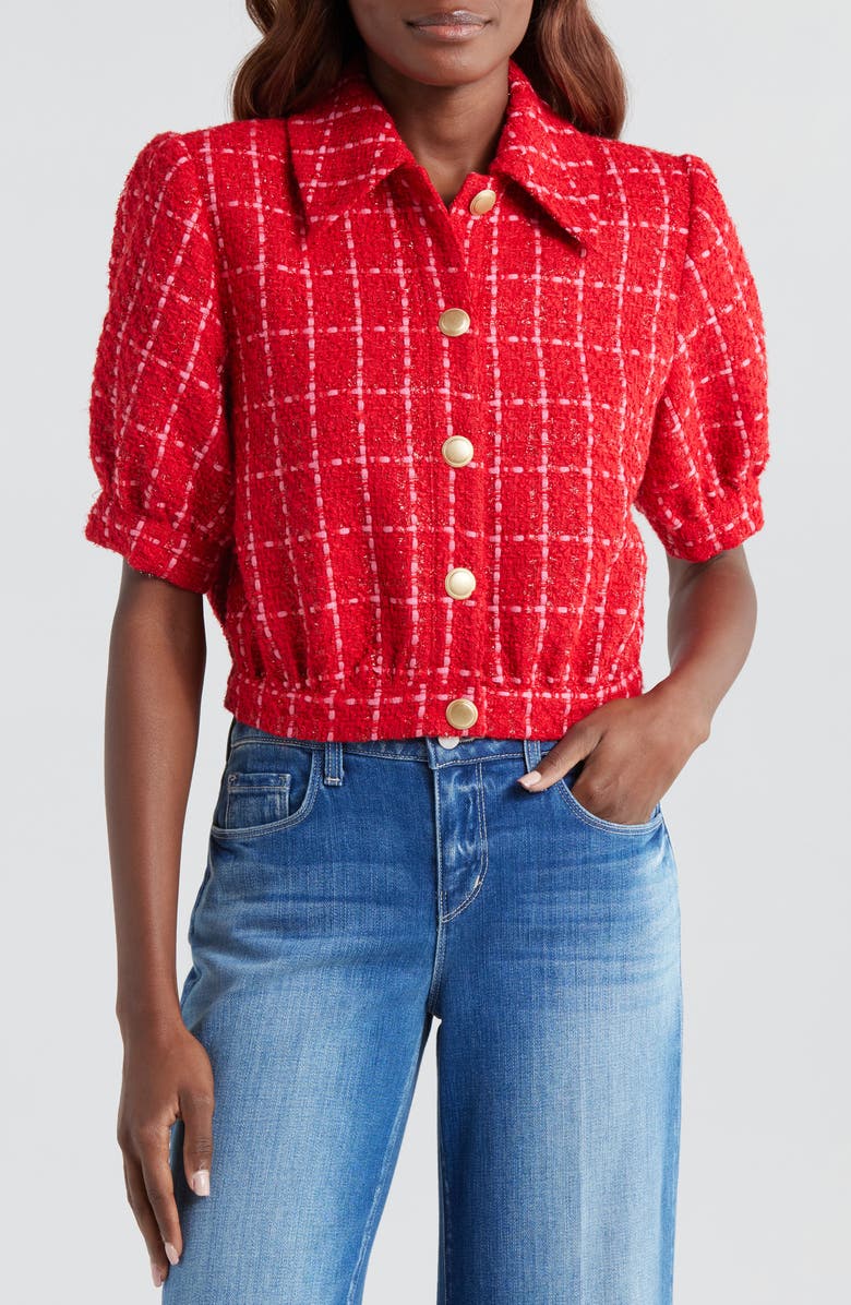 L'AGENCE Cove Plaid Short Sleeve Crop Tweed Jacket, Alternate, color,